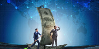 Business partnership with businessmen sailing on dollar boat