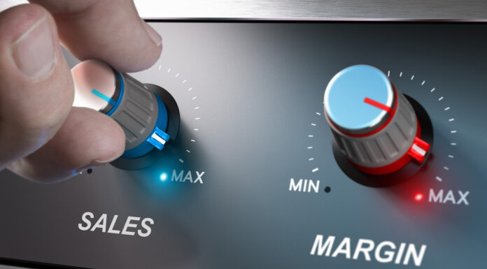 Profitable business concept, sales and margin improvement. Compositing between a hand and 3d background.