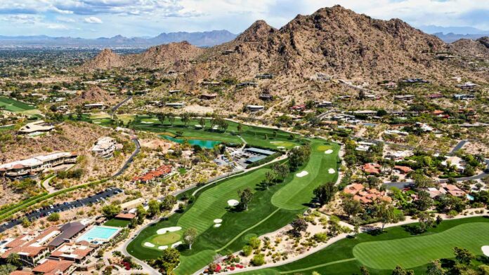 Aerial,View,From,Above,A,Scenic,Golf,Course,In,Paradise